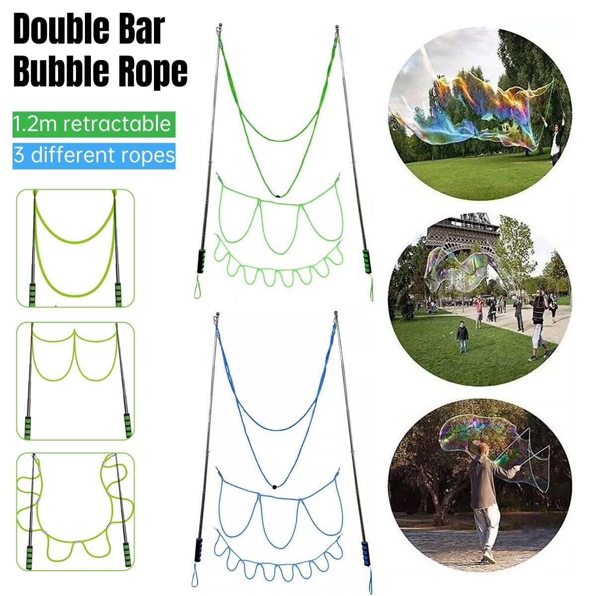 Green double pole bubble rope for giant bubble outdoor party fun, used in kids' outdoor play and bubble shows by Everything Baby.