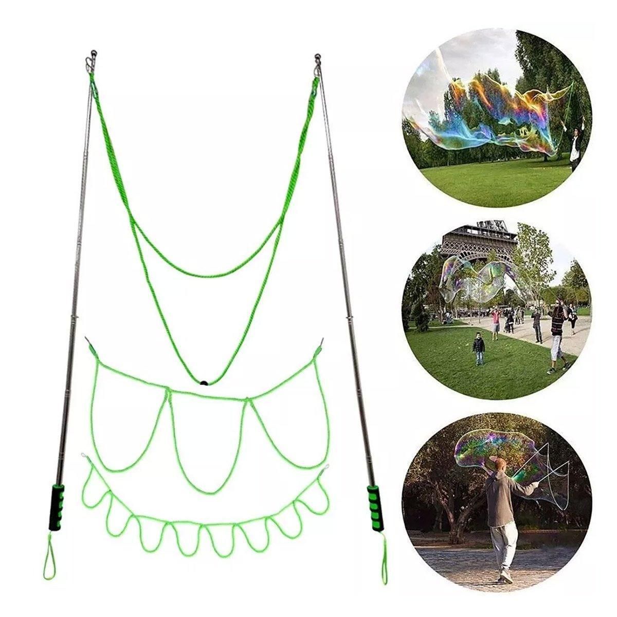 Green double pole bubble rope for giant bubble outdoor fun, designed for kids' outdoor play and bubble shows by Everything Baby.