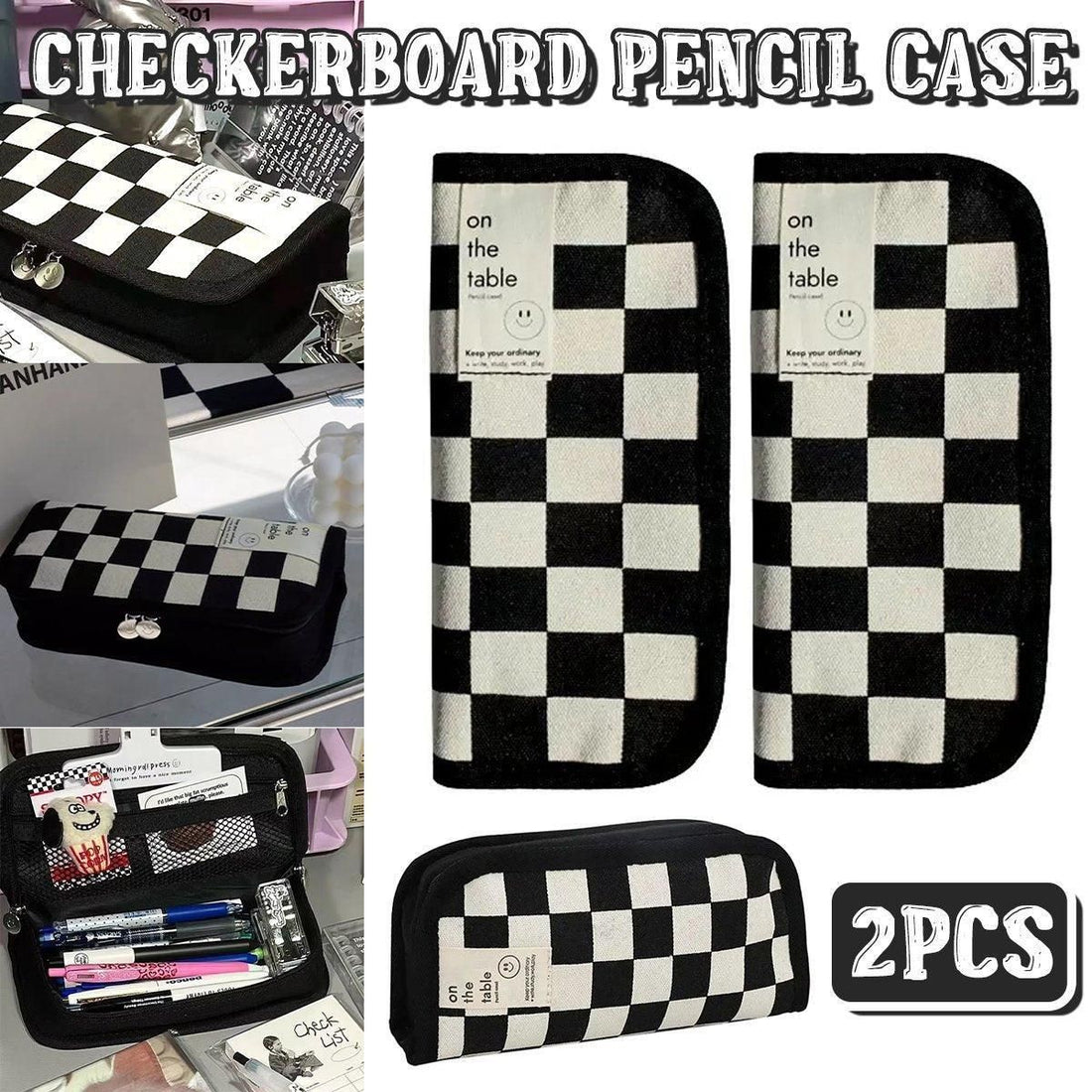Two large capacity checkerboard pencil cases by Everything Baby, designed for kids' stationery storage and organization.