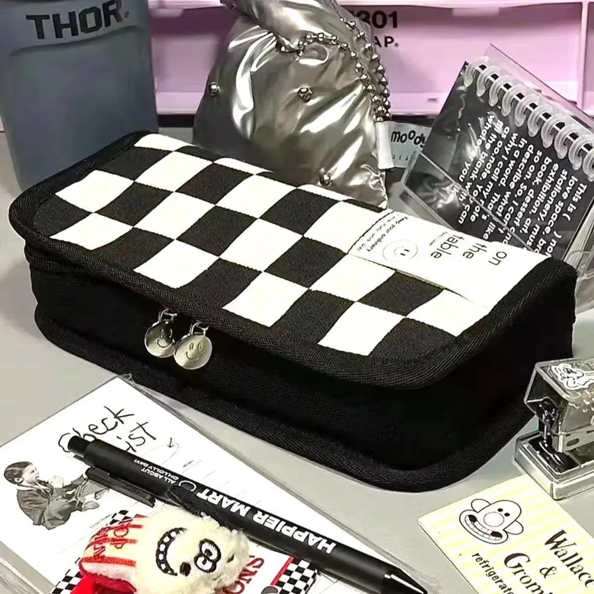 Two checkerboard pattern pencil cases by Everything Baby, large capacity stationery bags for students and kids.