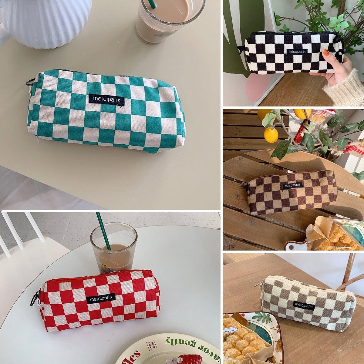 Black plaid large capacity pencil case organizer bag for stationery, ideal for school and travel, by Everything Baby.
