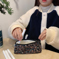 Black plum blossom large capacity pencil case organizer bag with corduroy fabric, ideal for school and travel stationery storage.