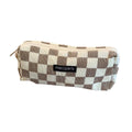 Light brown plaid large capacity pencil case organizer bag with zipper, ideal for school, travel, and stationery storage.