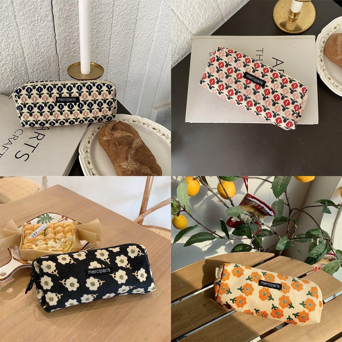 Beige floral large capacity pencil case organizer bag with corduroy fabric, ideal for stationery, school, or travel use