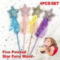 Set of four sequin fairy wands with magic pentagram designs for kids' pretend play and party favors, by Everything Baby.