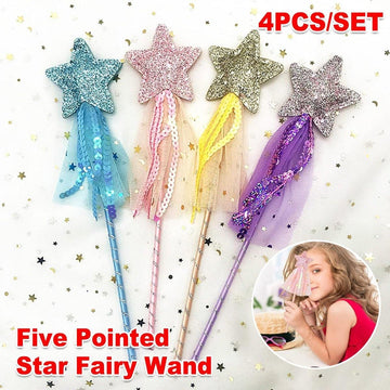 Set of four sequin fairy wands with magic pentagram designs for kids' pretend play and party favors, by Everything Baby.