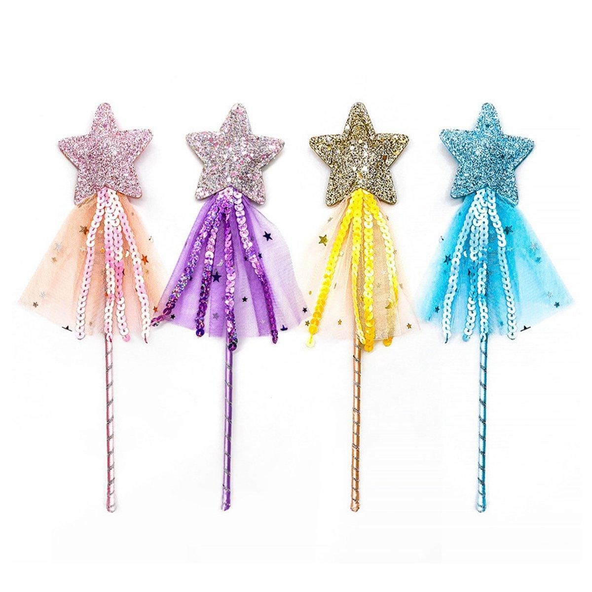 Set of four sequin fairy wands with magic pentagram designs for kids' pretend play and party favors.