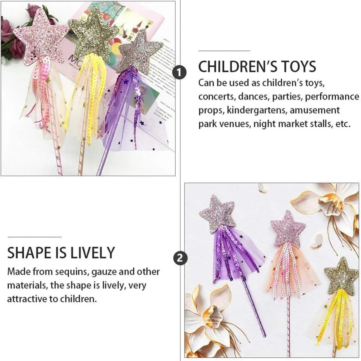 Set of four sequin fairy wands with magic pentagram designs for kids' pretend play and party favors, by Everything Baby.