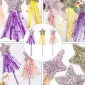 Set of four sequin fairy wands with pentagram designs for kids' pretend play, featuring colorful sparkly accents for girls' party favors.