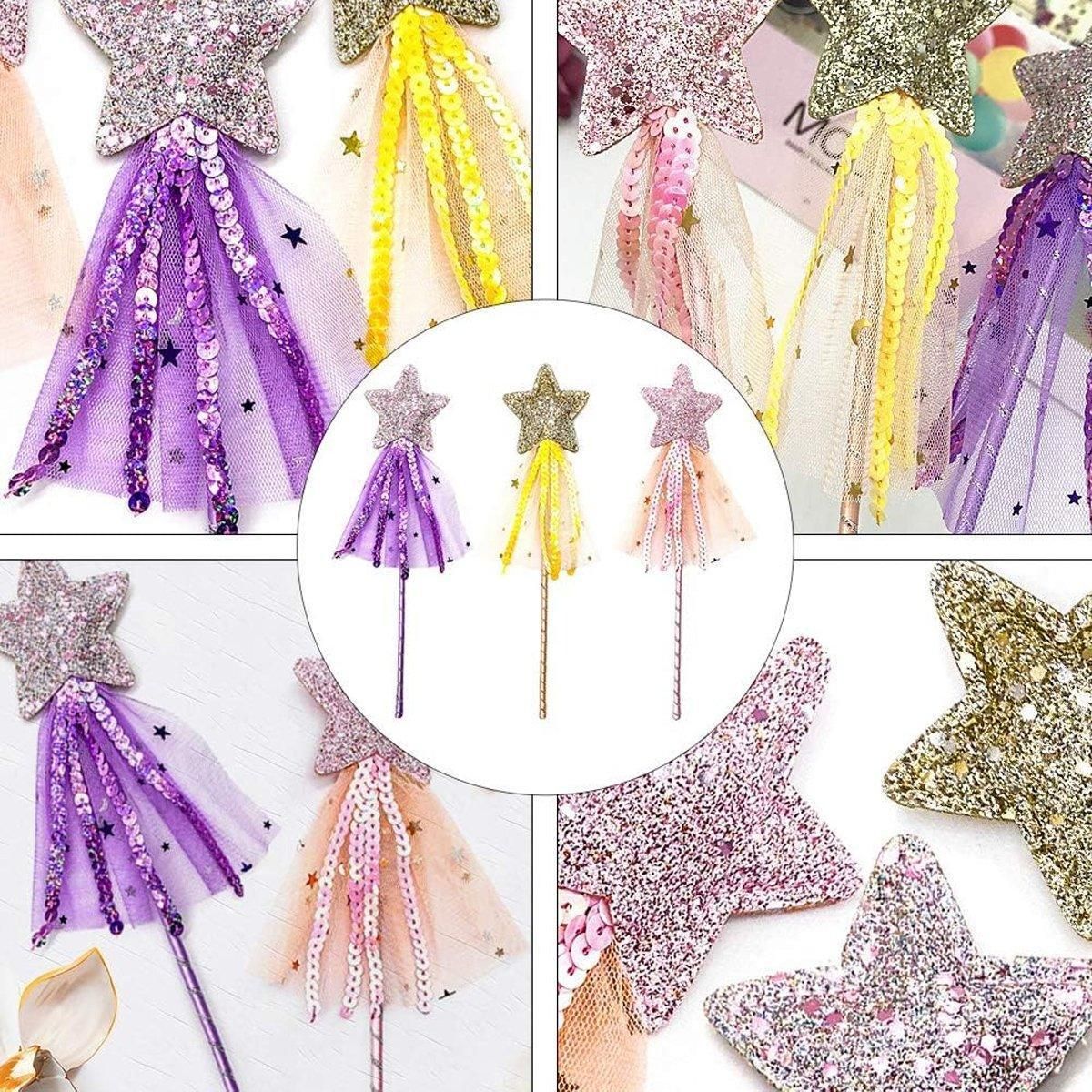 Set of four sequin fairy wands with pentagram designs for kids' pretend play, featuring colorful sparkly accents for girls' party favors.