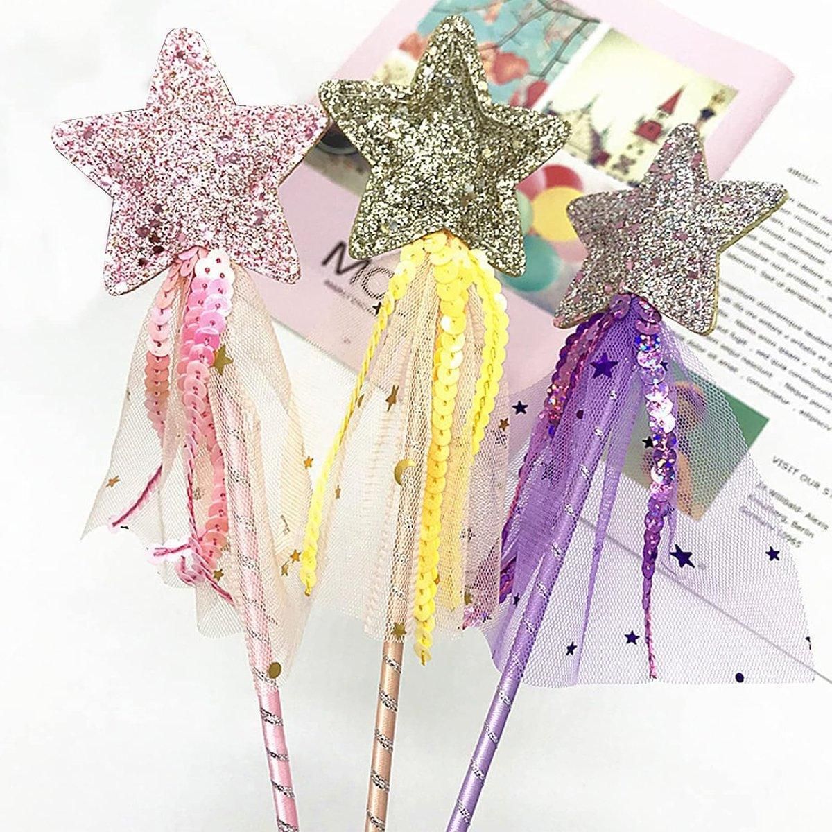 Set of four sequin fairy wands with pentagram designs for kids' pretend play and party favors, vibrant and sparkling.
