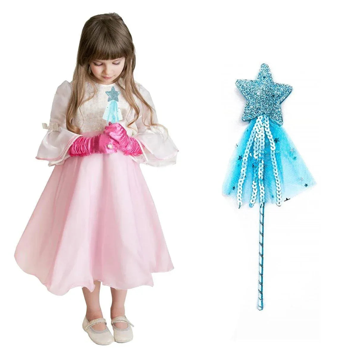 Set of four sequin fairy wands with pentagram designs, perfect for kids' pretend play and party favors, by Everything Baby.