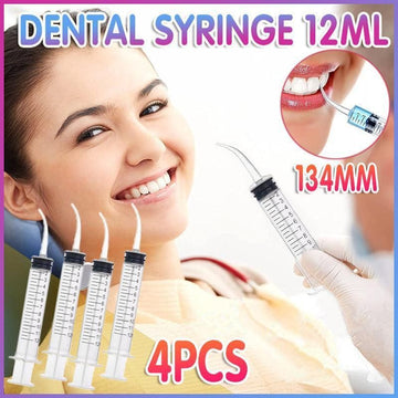 Set of four disposable dental syringes with 12ml capacity and curved tips, designed for baby oral irrigation and dental care.