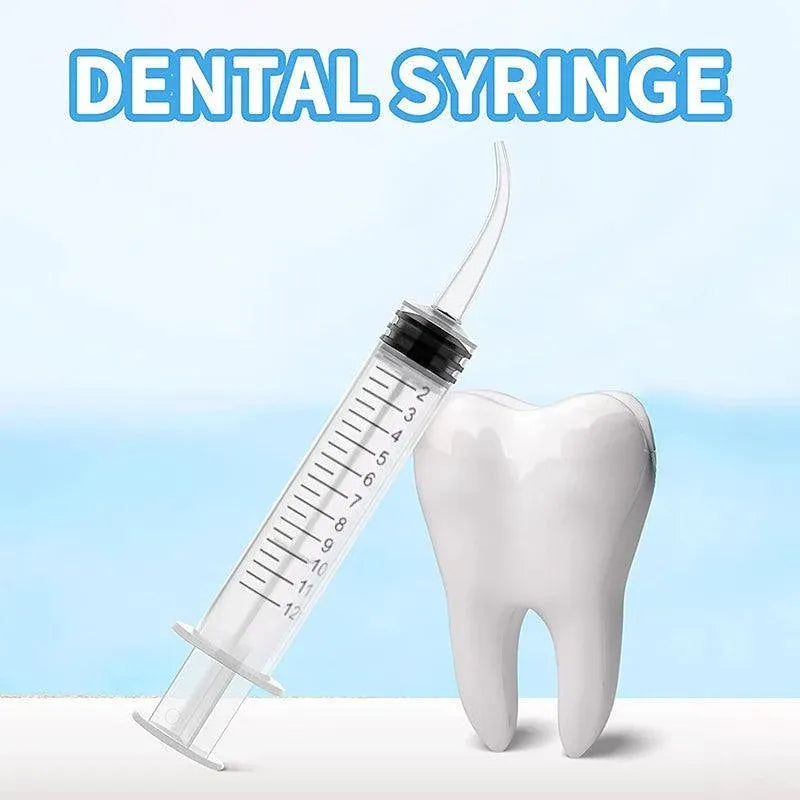 Set of four disposable dental syringes with curved tips for oral irrigation, suitable for baby and kids dental care.