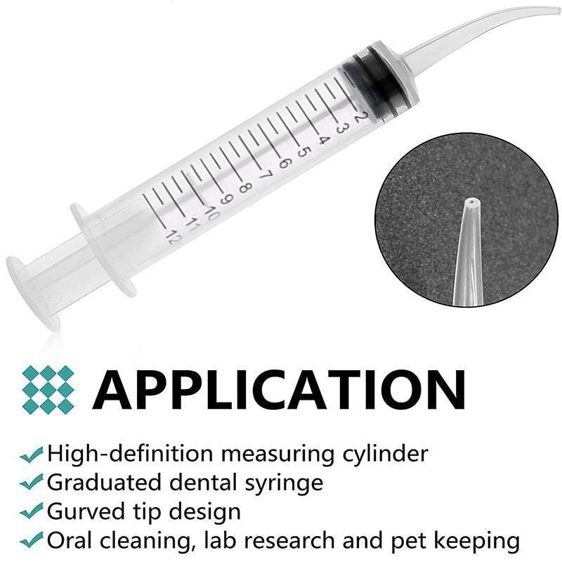 Set of four disposable dental syringes with curved tips for baby oral irrigation, featuring 12ml capacity, from Everything Baby.