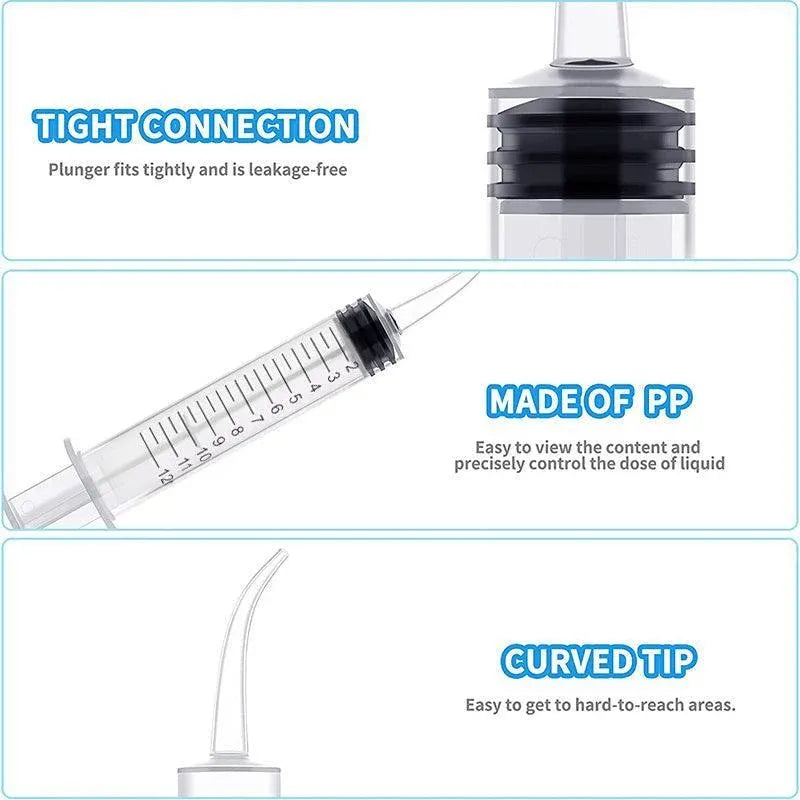 Set of four disposable 12ml dental syringes with curved tips for oral irrigation, designed for baby and kids dental care.