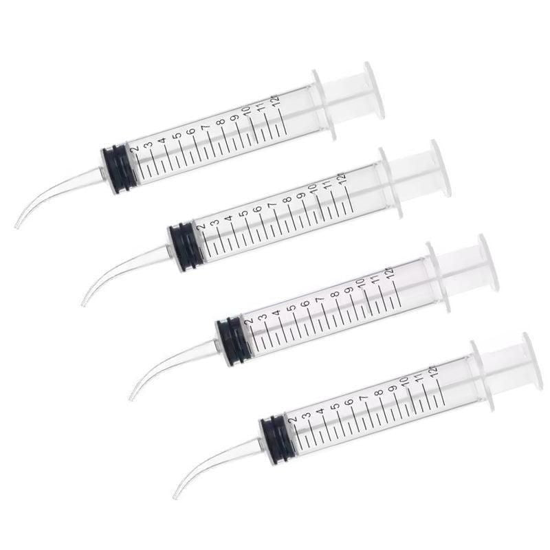 Set of four 12ml disposable dental syringes with curved tips for baby oral irrigation, designed for gentle dental care.