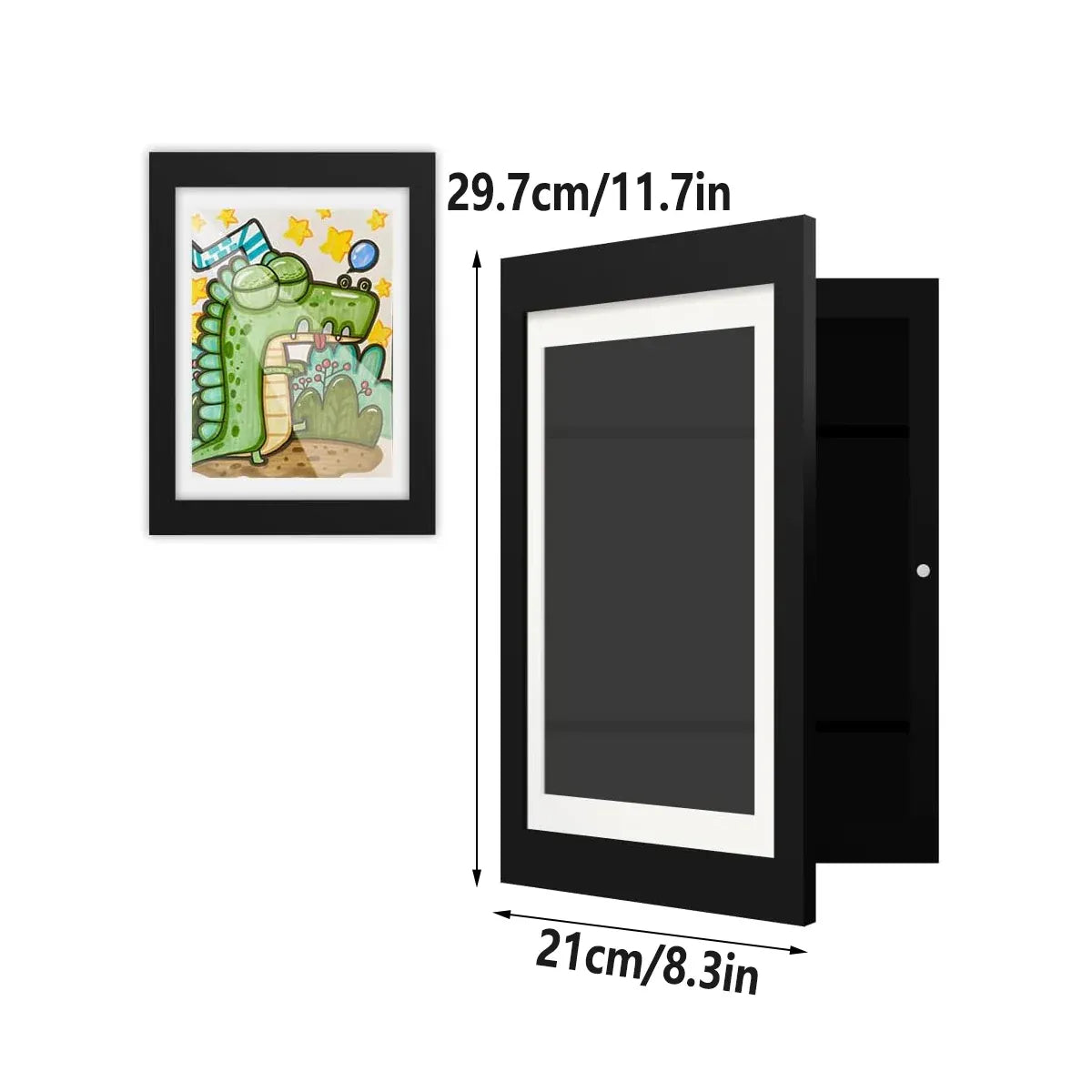 Two black wooden art display frames for kids' artwork, included in a set, ideal for storing and showcasing drawings.