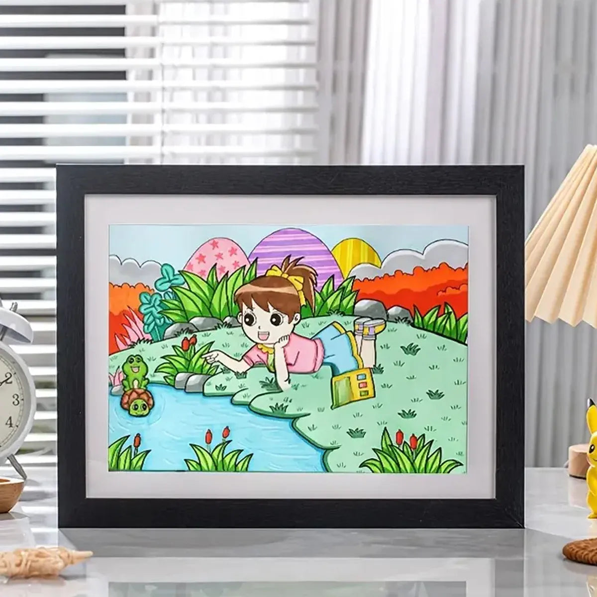 Set of two black wooden art display frames for children's drawings, ideal for showcasing artwork and storing kids' art projects.