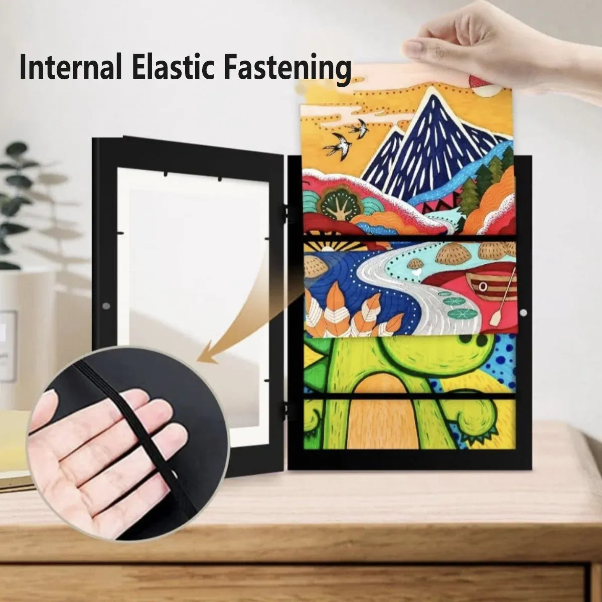 Set of two black wooden art display frames for children's artwork and drawings, ideal for baby and kids' art storage.