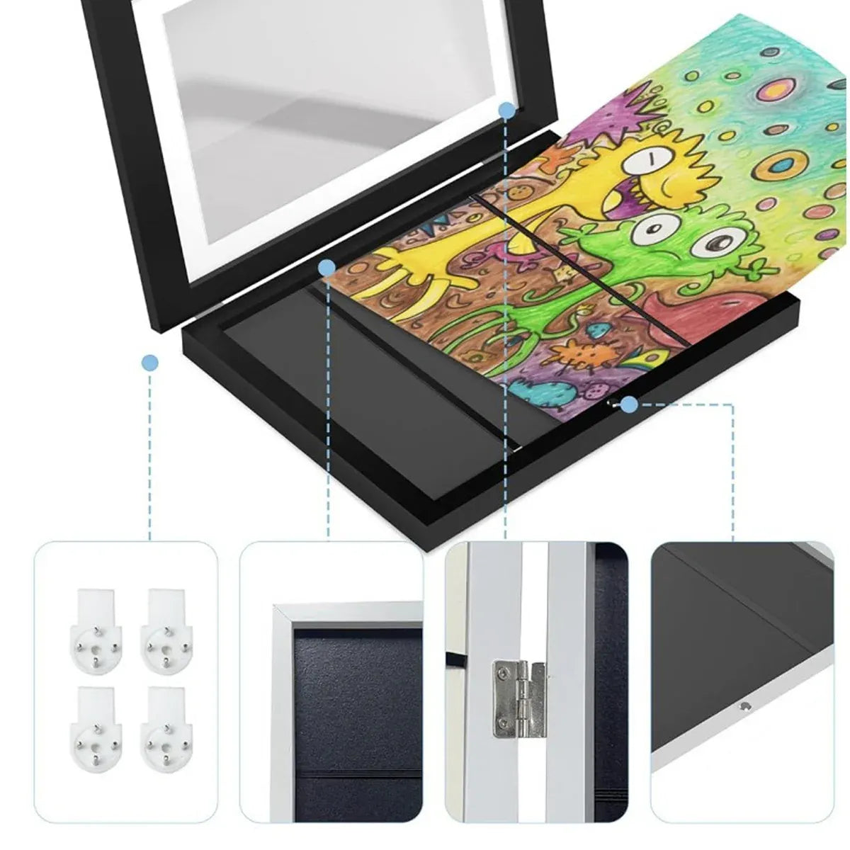 Set of two black wooden art display frames for artwork or drawings, ideal for displaying children's art in a stylish way.