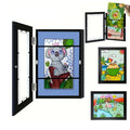 Set of two black wooden art display frames for kids' drawings, ideal for showcasing artwork and storage.