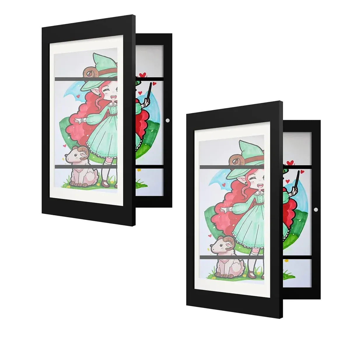 Set of two black wooden art display frames for kids' drawings, ideal for showcasing artwork and storing children's art projects.