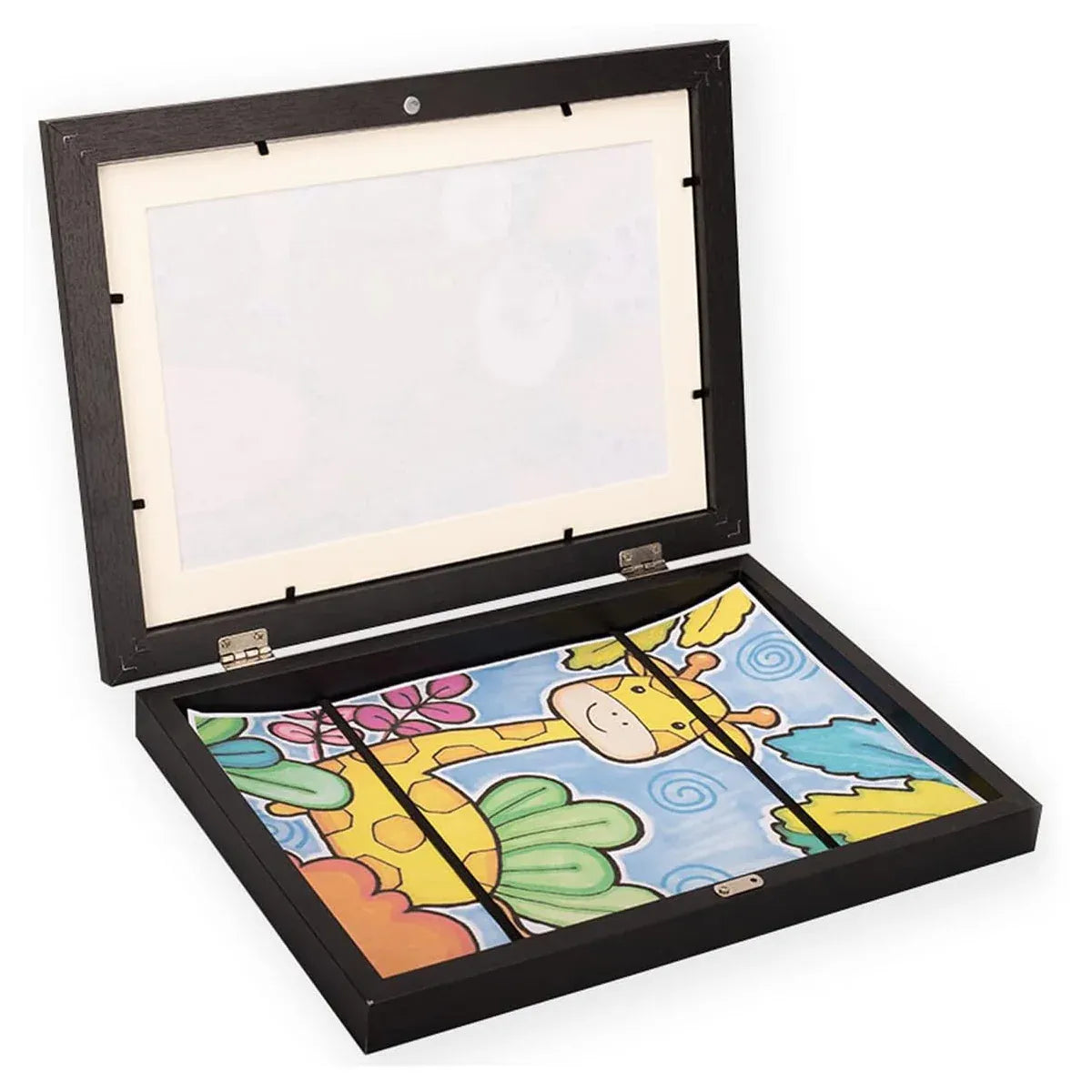 Set of two black wooden art display frames for kids, perfect for displaying drawings and artwork in a fun, organized way.