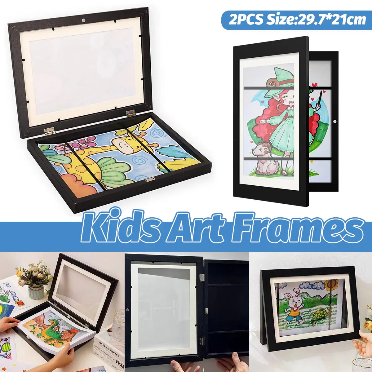 Set of two black wooden art display frames for kids' drawings, perfect for showcasing artwork and storage.