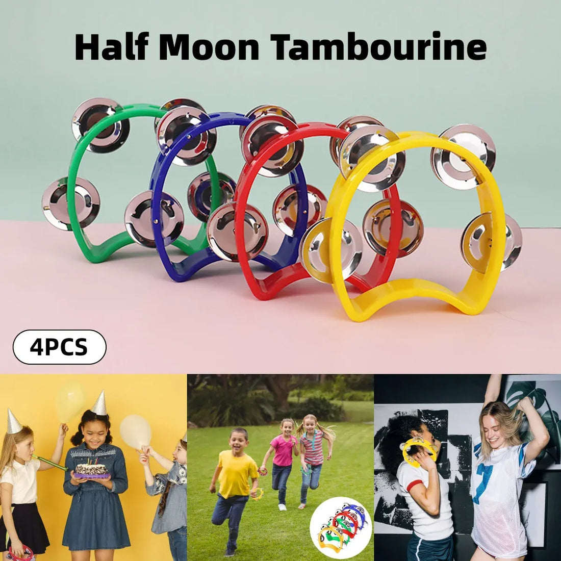 Set of four hand-cranked bell musical toys for babies and kids, featuring colorful rings and a compact, handheld design.