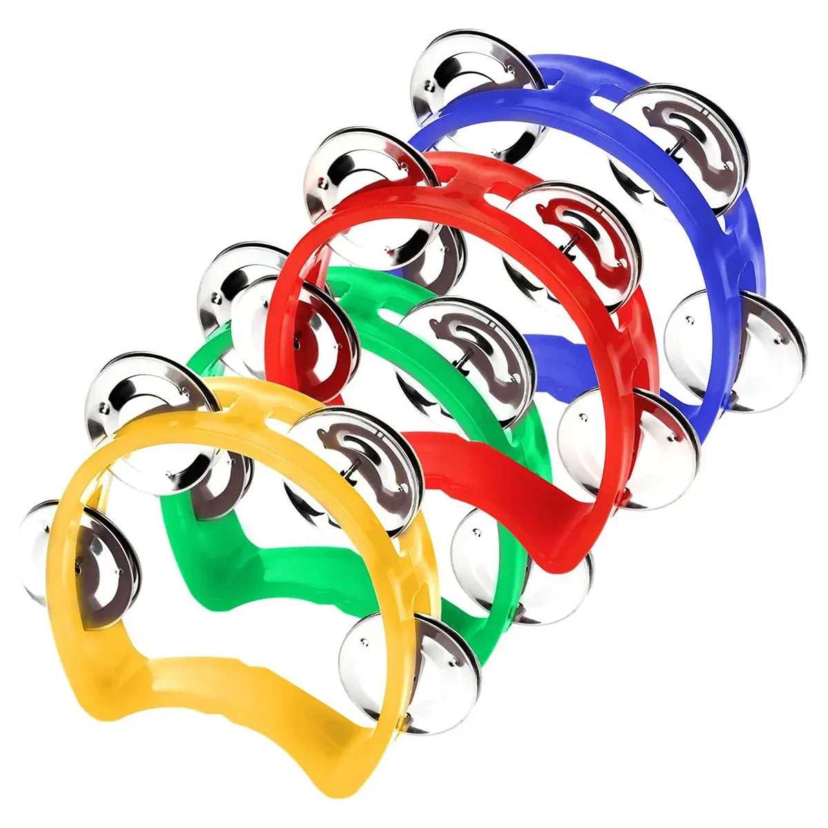 Set of four hand-cranked bell musical toys for kids, featuring colorful rings and a sturdy handle for fun sound-making.