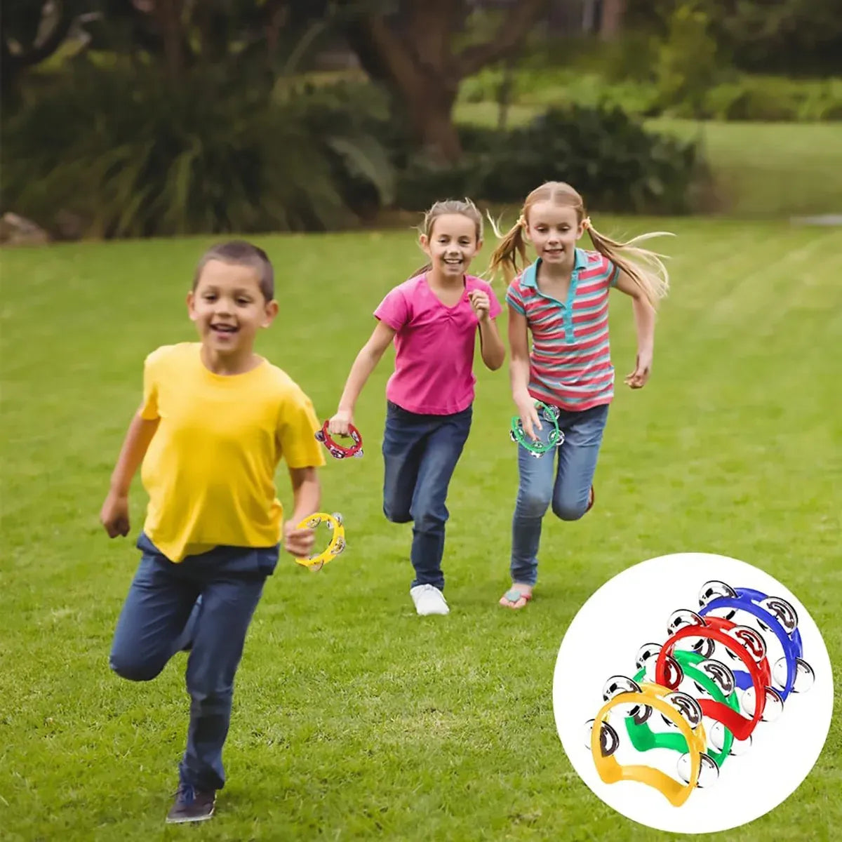 Set of four hand-cranked ring bells from Everything Baby, colorful musical toys for kids, held in a child's hand.