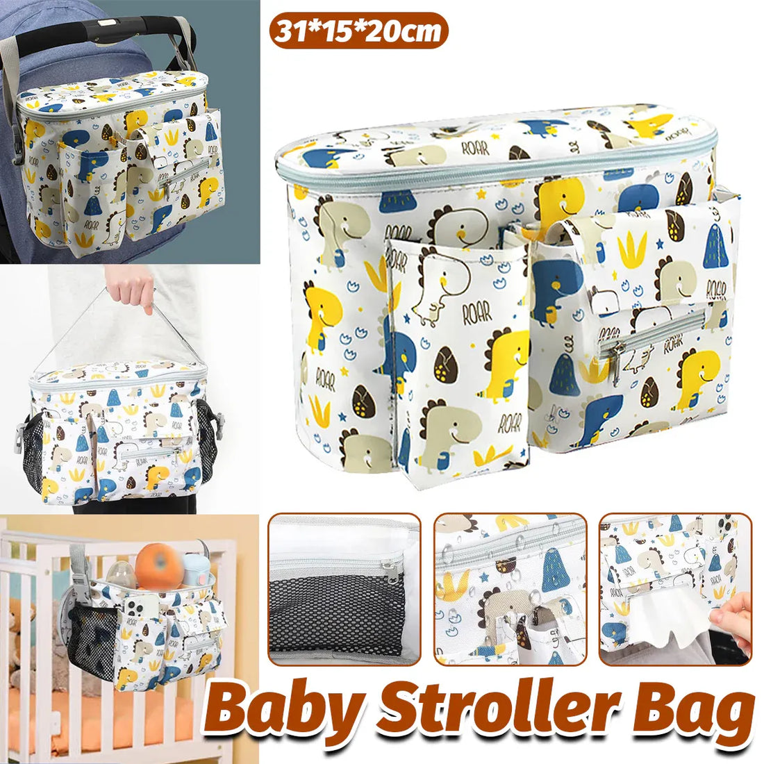 White multi-functional stroller hanging bag by Everything Baby, large capacity durable mommy bag for baby and kids stroller accessories.