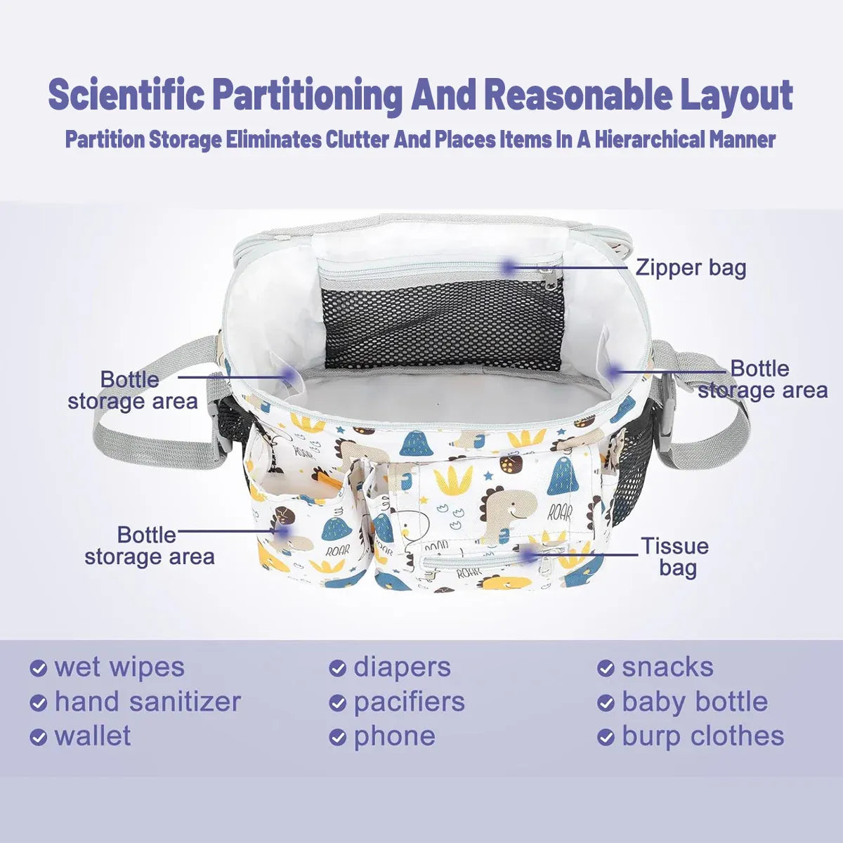 White multi-functional stroller hanging bag from Everything Baby, large capacity durable mommy bag for baby and kids accessories.