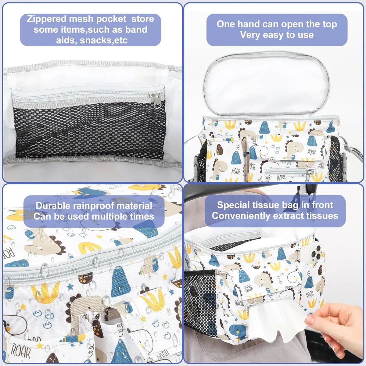 White Everything Baby stroller hanging bag, large capacity multi-functional mommy bag with durable design, attached to a stroller.