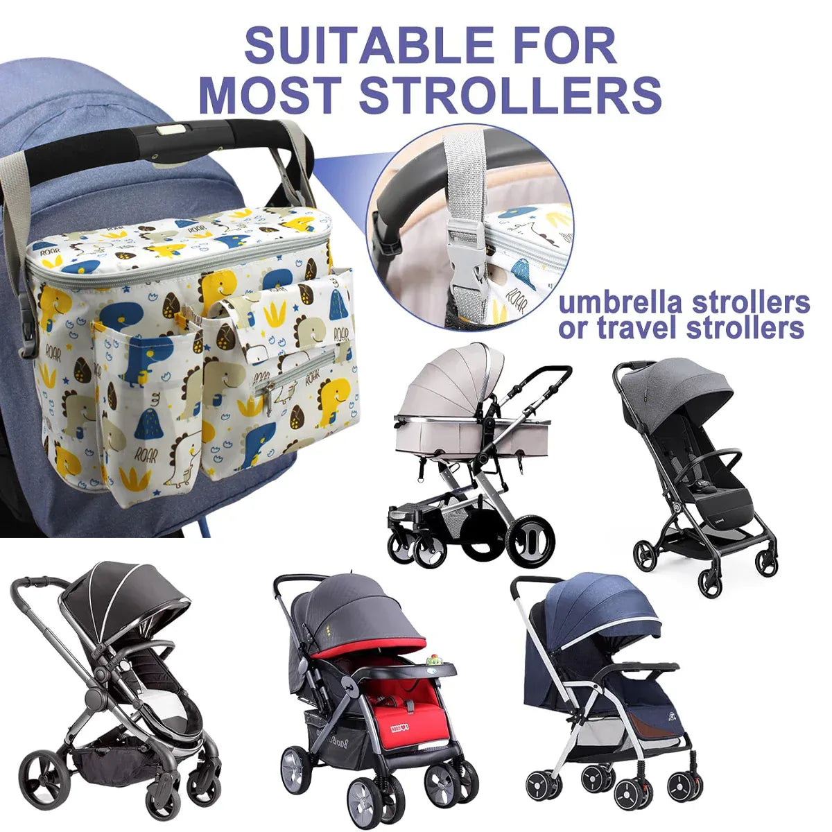 White Everything Baby stroller hanging bag, multi-functional and durable, with large capacity for baby essentials and accessories.