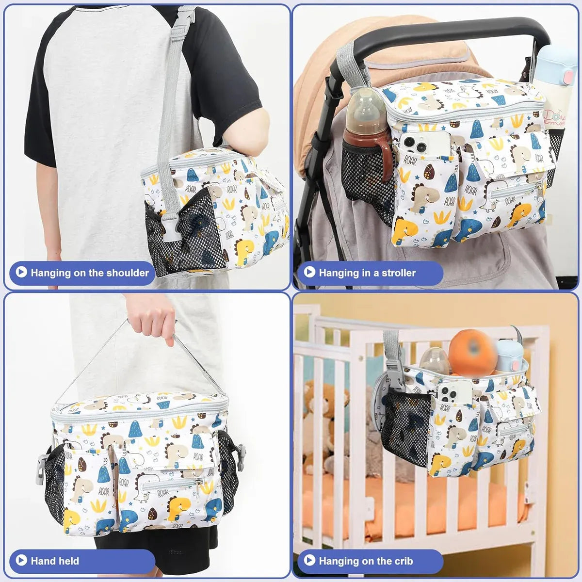 White multi-functional stroller hanging bag by Everything Baby, large capacity durable mommy bag for baby and kids stroller accessories.