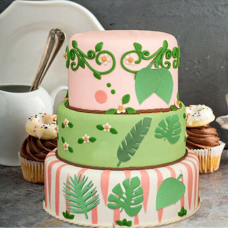 Palm tree, turtle, and leaf-shaped cookie cutters and fondant molds for cake decorating and sugarcraft projects.