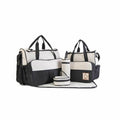 Set of five black baby travel nappy bags with shoulder tote and changing organiser bags, designed for nursing and feeding on the go.