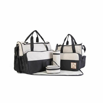 Set of five black baby travel nappy bags with shoulder tote and changing organiser bags, designed for nursing and feeding on the go.