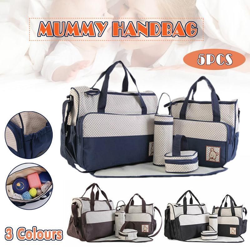 Black 5-piece travel nappy bag set by Everything Baby with shoulder tote and changing organiser bags for baby care.