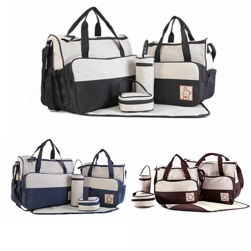 Set of five black travel nappy bags from Everything Baby, including shoulder tote and changing organiser bags for baby care.