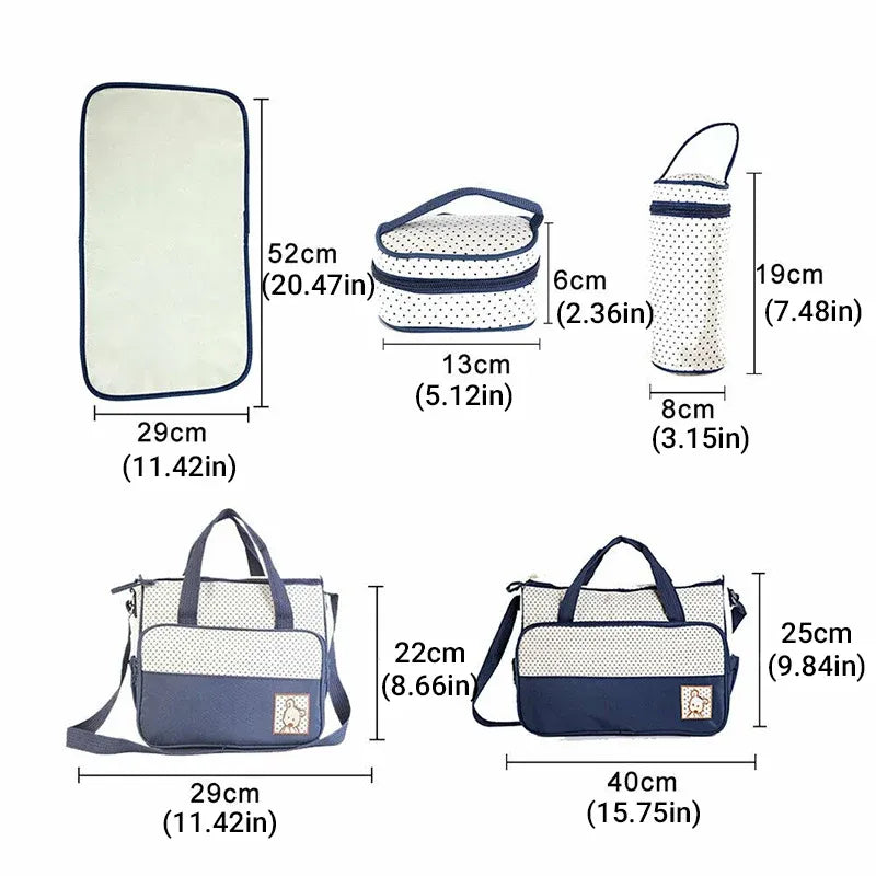 Black 5-piece travel nappy bag set with shoulder tote and changing organiser bags, designed for baby feeding and on-the-go needs.