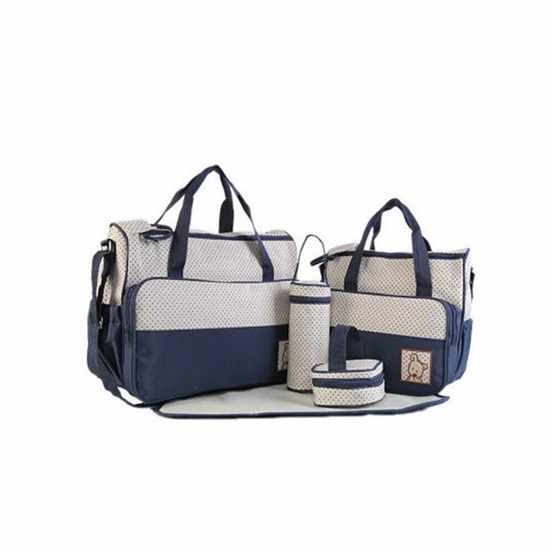 Black 5-piece travel nappy bag set with shoulder tote and changing organizer bags from Everything Baby, designed for baby care on the go.