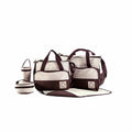 Five-piece black baby nappy bag set with shoulder tote and changing organiser bags, ideal for travel and nursing needs.