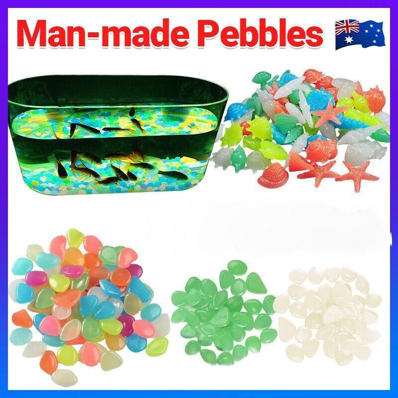 Assorted glow-in-the-dark pebbles and stones in various colors for fish tanks, gardens, and outdoor play, from Everything Baby.