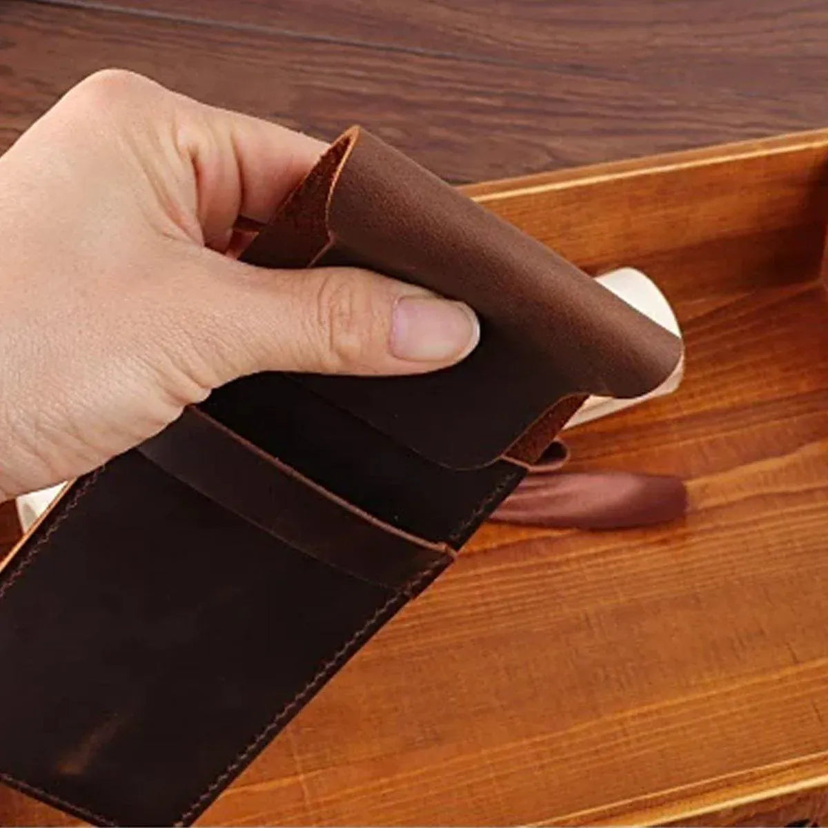 Two vintage handmade genuine leather pencil cases with cowhide texture, designed for kids and baby accessories.