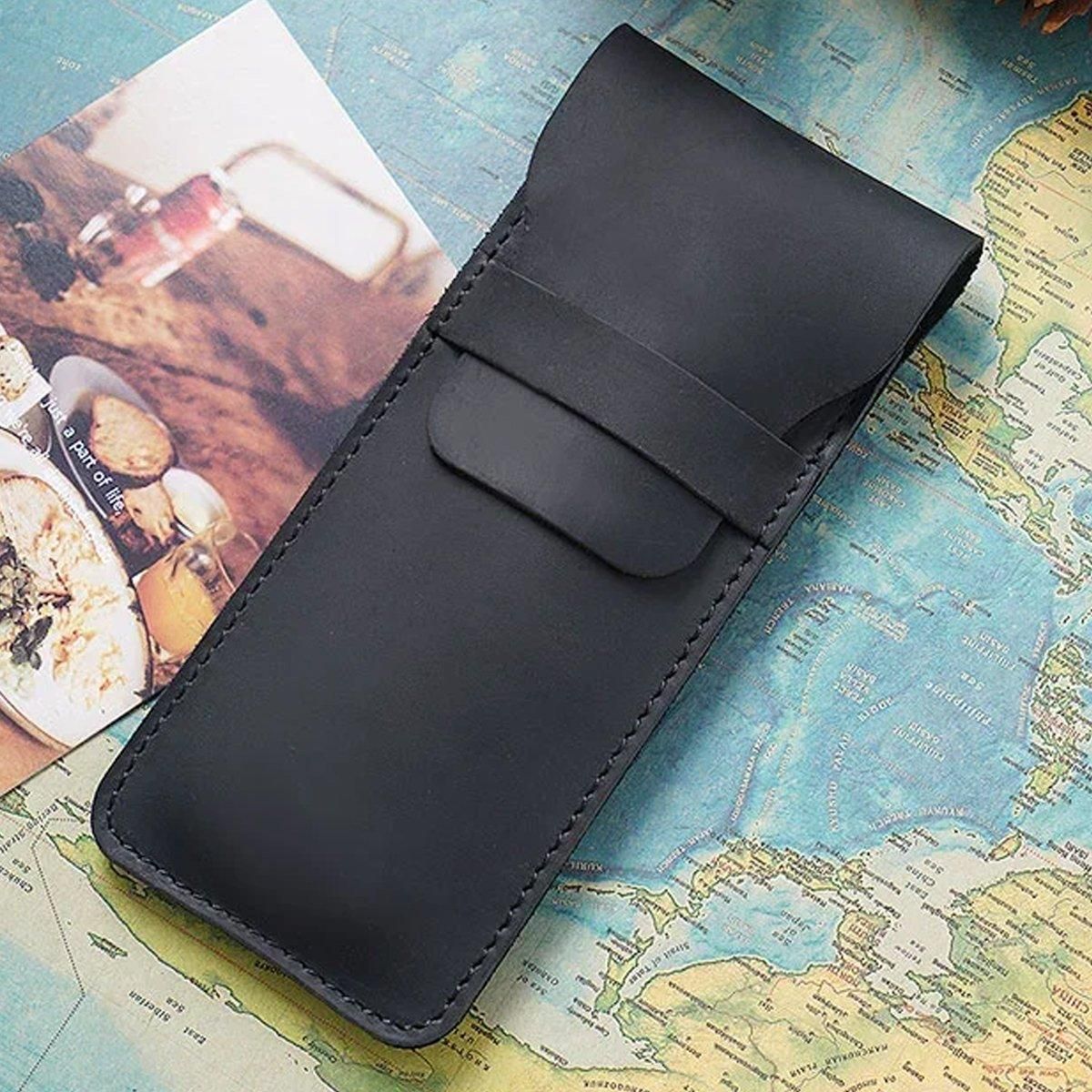 Two vintage handmade genuine leather pencil cases by Everything Baby, cowhide protective holders for kids’ pens and pencils.