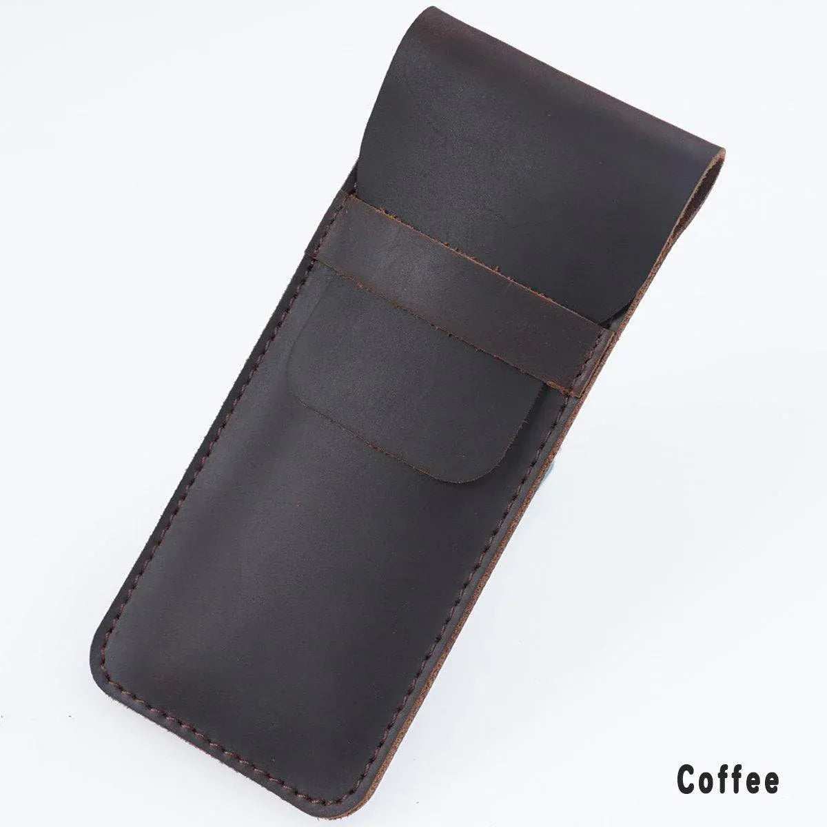 Two vintage handmade genuine leather pencil cases by Everything Baby, cowhide protective holders for kids' pens and pencils.