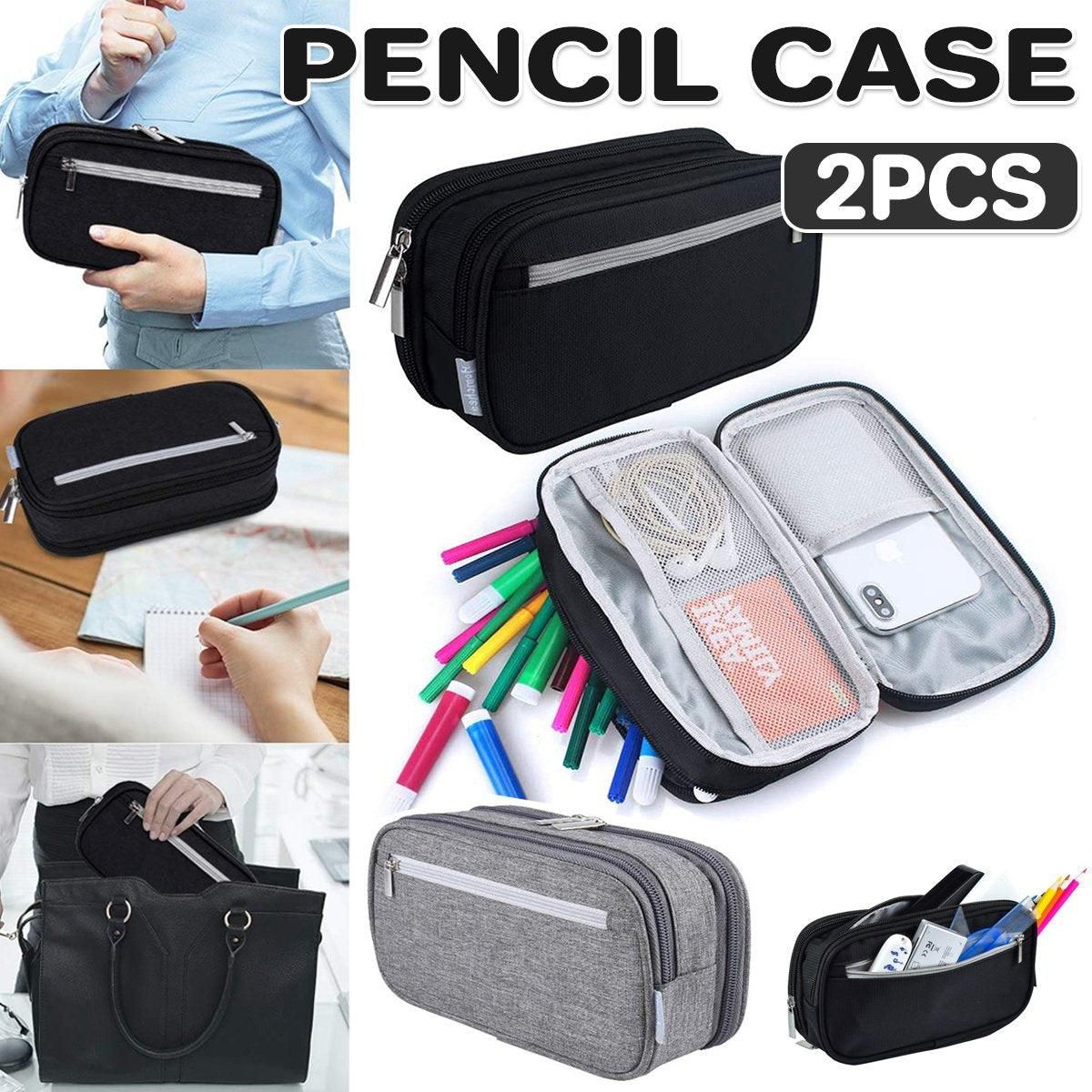 Two large capacity multifunctional pencil cases by Everything Baby, ideal for school and office storage, shown with pens and stationery.